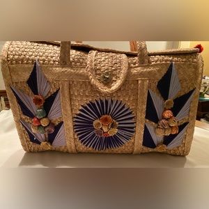 Vintage Mexico Hand Woven Straw Raffia Wicker Beach Tote Market Bag Purse Summer